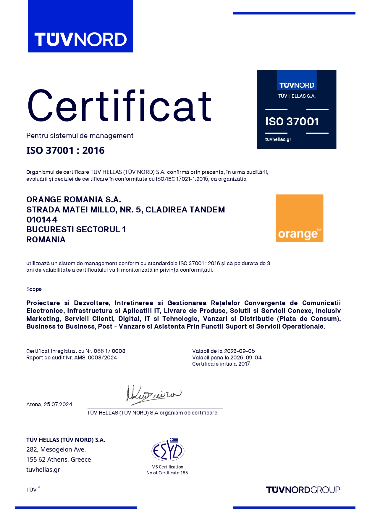 Certificat pentru sistemul de management