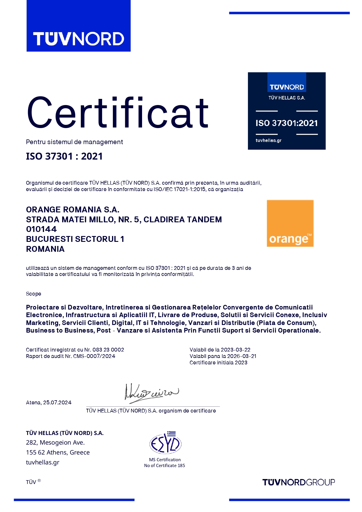 Certificat pentru sistemul de management
