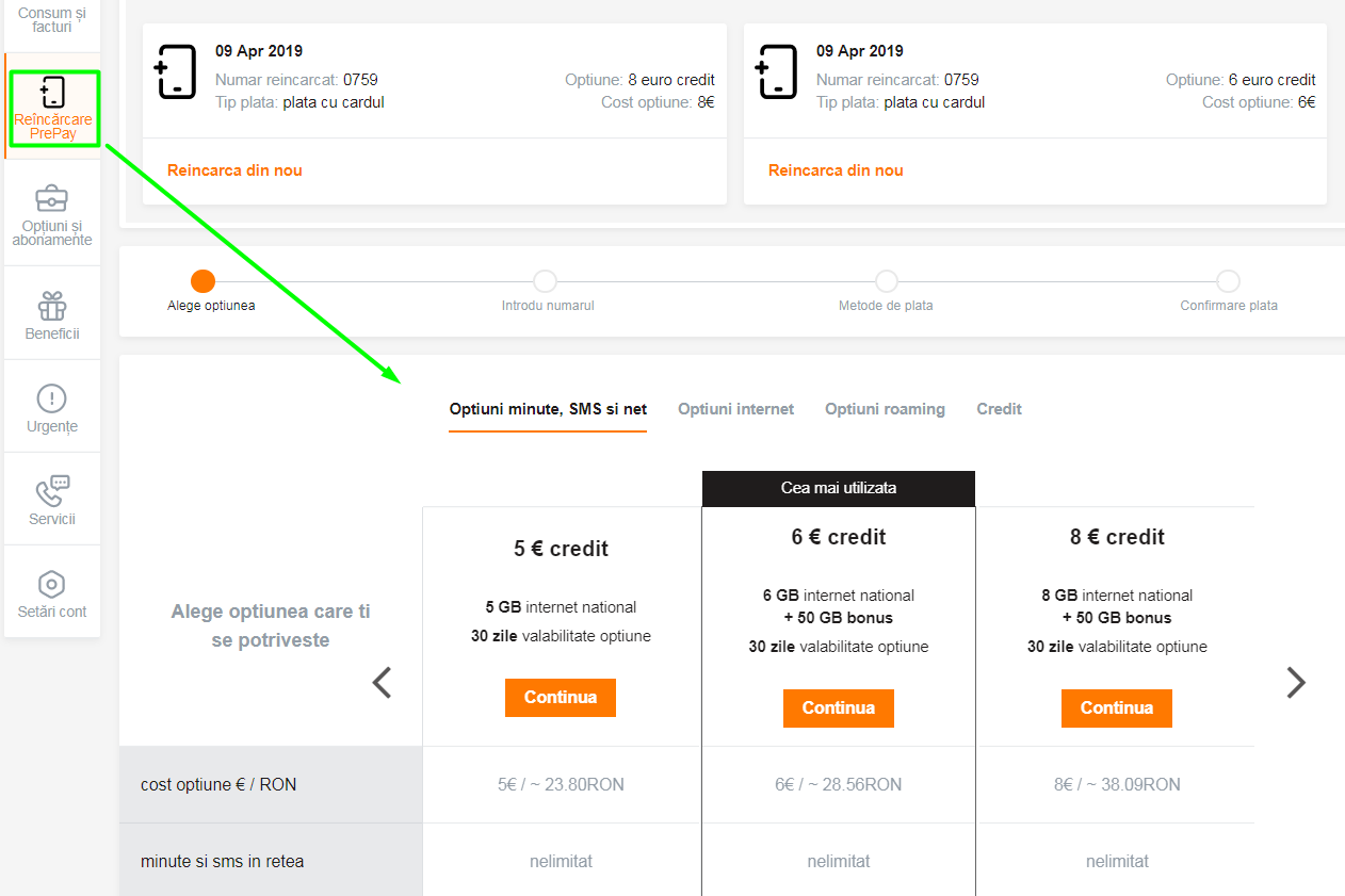 Opțiuni PrePay | Orange