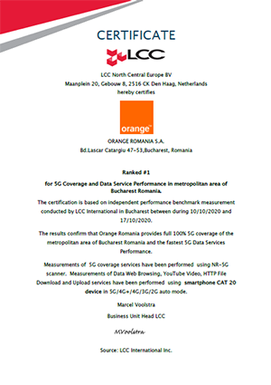 Orange a fost certificată, de către auditorul independent LCC International, rețeaua #1 în ceea ce privește acoperirea 5G și performanța serviciilor de date în zona metropolitană București. 