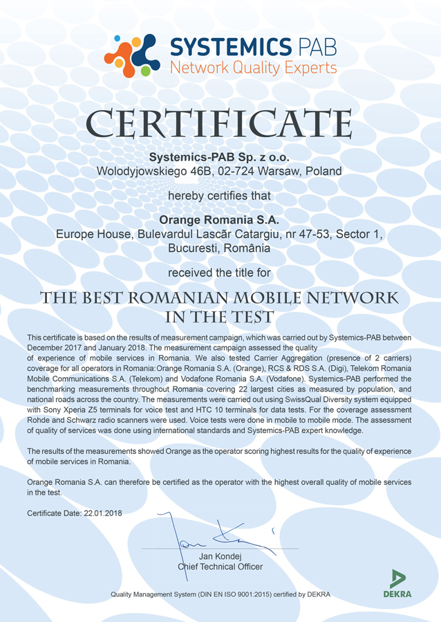 Orange România - lider privind calitatea serviciilor de internet mobil și voce