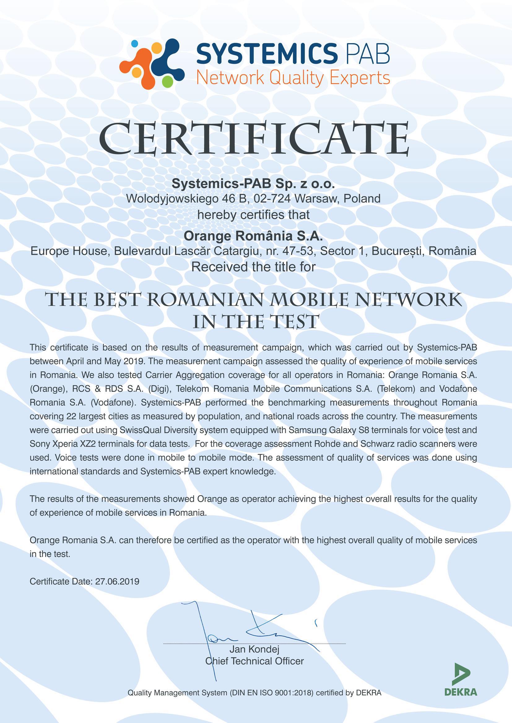 Orange România - lider privind calitatea serviciilor de internet mobil și voce